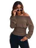 Women's Off Shoulder Drawstring Side Rib-Knit Long Sleeve Tee Drop Shoulder Ruched T Shirt Plain Brown
