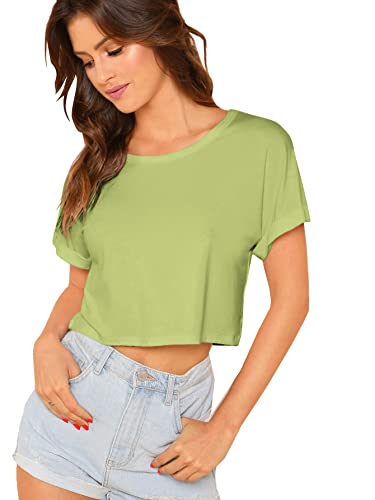Women's Casual Round Neck Short Sleeve Soild Basic Crop Top T-Shirt