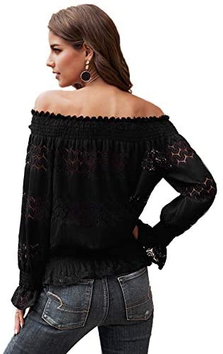 Women's Off Shoulder Flounce Long Sleeve Blouse Frill Trim Loose Shirt Peplum Top
