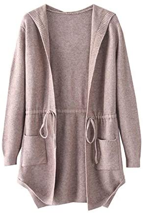 Women's Drawstring Waist Knit Hooded Cardigan Sweaters Long Sleeve with Pocket