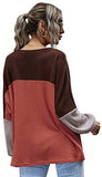 Women's Long Sleeve Waffle Knit Shirts Color Block Loose Tunic Tops Blouse
