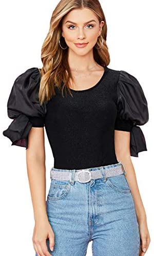 Women's Organza Puff Sleeve Self Tie Sleeve Round Neck Shirt Stretchy Blouse Top