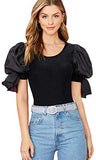 Women's Organza Puff Sleeve Self Tie Sleeve Round Neck Shirt Stretchy Blouse Top