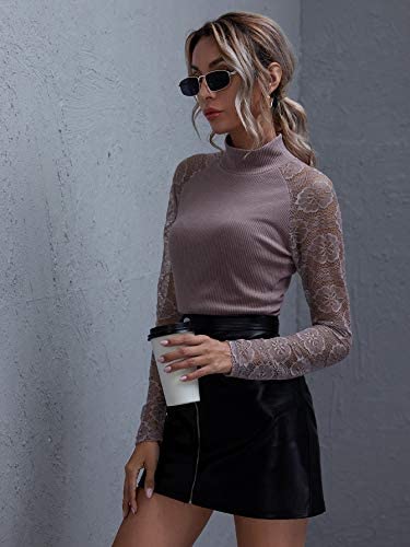 Women's Elegant Lace Long Sleeve Turtle Neck Rib Knit Stretch Blouse Top Tee