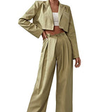 Women's Open Front Crop Blazer and Plicated Detail Tailored Pants Green