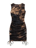 Women's Ruched Sleeveless Mini Bodycon Dress Drawstring Tie Side Round Neck Short Dresses Khaki Tie Dye Small