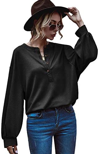 Women's Waffle Knit T Shirts Long Sleeve Button Front Loose Tee Tops