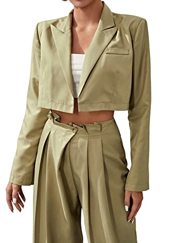 Women's Open Front Crop Blazer and Plicated Detail Tailored Pants Green