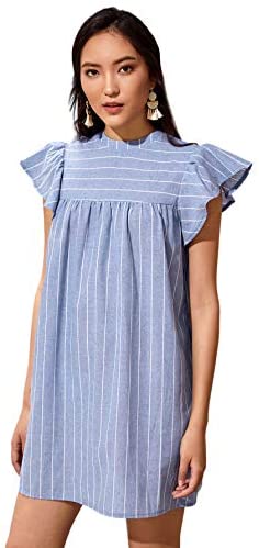 Women's V Neck Striped Floral Ruffle Embroidery Cotton Summer Boho Dress Top