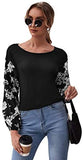 Women's Long Sleeve Round Neck Floral Colorblock Causal Pullover Blouse
