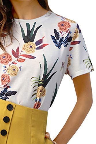 Women's Casual Round Neck Rose Floral Print Short Sleeve Summer Tee Tshirt