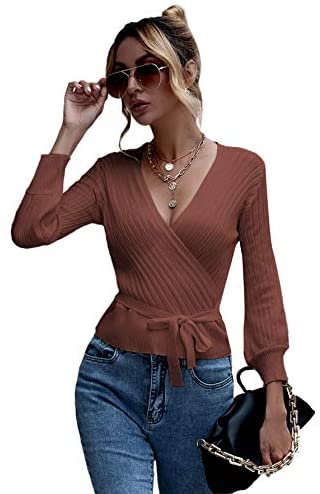 Women's Long Sleeve V Neck Wrap Front Tied Surplice Sweater Tops White One Size