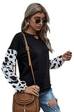 Women's Long Sleeve Round Neck Cow Print Keyhole Colorblock Causal Cotton Pullover Blouse