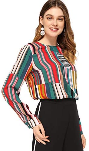 Women's Casual Long Sleeve Round Neck Tops Mixed Striped Blouse