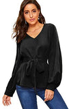 Women's Elegant Belted Long Sleeve Casual Office Work Blouse Shirts Tops