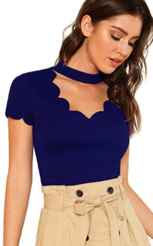 Women's Scalloped Cut Out V Neck Short Sleeve Sexy Tee Tops