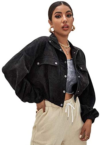 Women's Basic Long Sleeve Collared Press Button Down Cord Jacket Outerwear