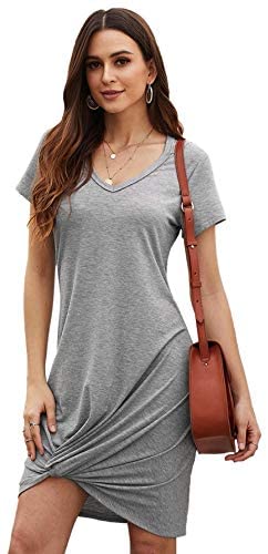 Women's Twist Dress V Neck Cut Out T Shirt Dress Short Sleeve Mini Midi Dresses