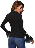 Women's Elegant Lace Mesh Flounce Sleeve Button Detail Ribbed Slim Fit Blouse Tee Tops