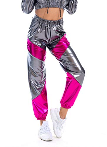 Womens Shiny Hight Waisted Metallic Jogger Pants, Color Block Sweatpants Stretchy Loose Workout Trousers Holographic Hip Hop Pant Club Wear (Gray, S)