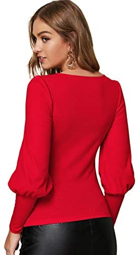 Women's Solid Scoop Neck Blouse Leg-of-Mutton Long Sleeve Tee Tops