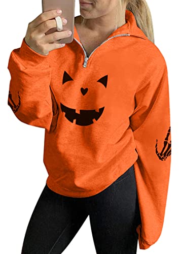 Women's Halloween Pumpkin Face Long Sleeve Sweatshirts Lightweight Casual Pullover Tops (XXL, Orange)