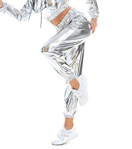 Womens Shiny Metallic High Waist Stretchy Jogger Pants, Wet Look Hip Hop Club Wear Holographic Trousers Sweatpant (White, S)