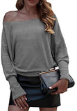 Women's Loose Ribbed Knit Shirts Batwing Long Sleeve Boat Neck Off Shoulder Blouse Tops