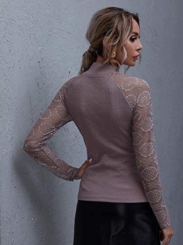 Women's Elegant Lace Long Sleeve Turtle Neck Rib Knit Stretch Blouse Top Tee