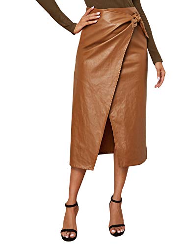 SweatyRocks Women's Elegant High Waist Tie Knot Wrap PU Leather Midi Skirt Brown S