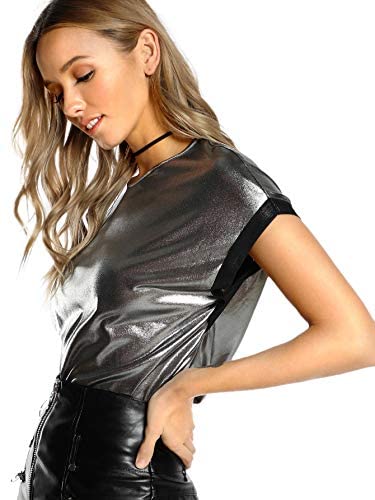 Women's Casual Short Sleeve T Shirts Metallic Top Crewneck Shiny Tees