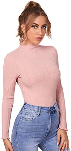 Women's Frill Trim Mock Neck Long Sleeve T-Shirt Solid Ribbed-Knit Tee Tops