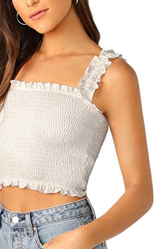 Women's Casual Frill Smocked Crop Cami Tank Shirred Strap Sleeveless Top