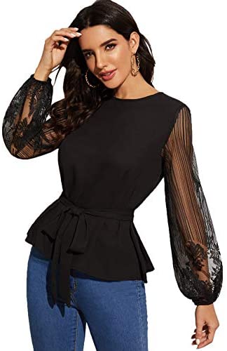 Women's Sheer Mesh Lace Long Sleeve Belted Elegant Workwear Blouse Shirt Top