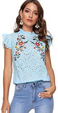 Women's Sleeveless Ruffle Stand Collar Embroidery Button Slim Cotton Blouse Top
