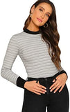 Women's Casual Mock Neck Striped Tee Tops Long Sleeve Slim Fit T-Shirts