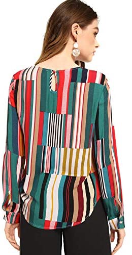 Women's Casual Long Sleeve Round Neck Tops Mixed Striped Blouse