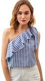 Women's Casual Sleeveless Tie Knot One Shoulder Ruffle Blouse Top
