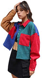 Women's Dual Pocket Corduroy Jacket Colorblock Button Down Crop Jacket Outwear