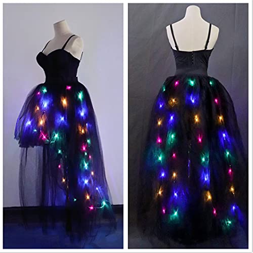Women Tulle Tutu Skirts Adult A Line Rave Outfit Skirt LED Light Up Wedding Skirt Costumes Halloween (Black Trailing, Long XXL)