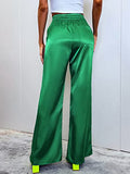 Women's Casual Drawstring Elastic Waist Pants Wide Leg Satin Trouser Pants Green S