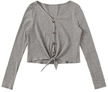 Women's V Neck Long Sleeve Button Front Knot Hem Rib Knit Crop Tops