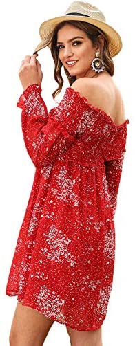 Women's Casual Floral Print Off The Shoulder Long Sleeve Shirred A-Line Dress Red
