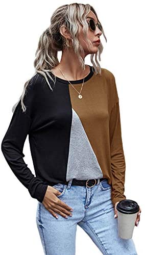Women's Long Sleeve Colorblock Causal Cotton Pullover Blouse