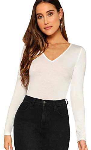 Women's Basic Long Sleeve V Neck T-Shirts Casual Ribbed Knit Solid Tee Top