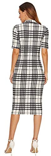 Women's Short Sleeve Plaid Grid Round Neck Elegant Sheath Pencil Bodycon Dress