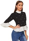 Women's Cute Long Sleeve Ruffle Hem Sweatshirt Contrast Collar Top