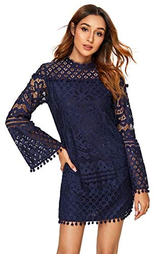 Women's Crochet Pom-pom Sheer Lace Bell Sleeve Dress
