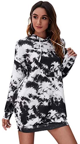 Women's Tie Dye Long Sleeve Hooded Sweatshirt Dress Drawstring Hoodie Dress Tunic Pullover