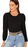 Women's Casual Round Neck Blouse Top Puff Sleeve Solid T Shirt Black